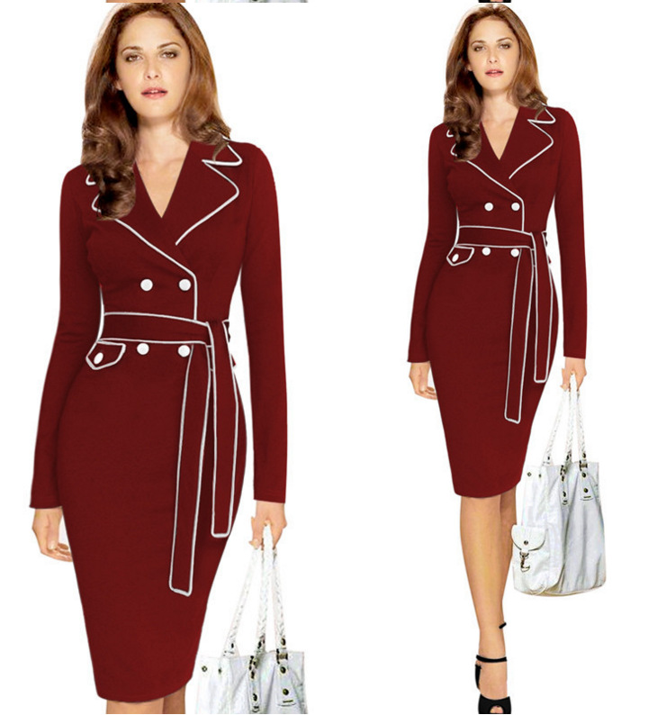 歐洲站新款Ebay亞馬遜歐美優雅長袖連衣裙西裝領撞色鉛筆裙職業裝批發・進口・工廠・代買・代購