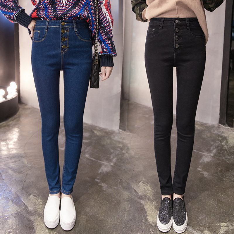 實拍2017春季韓版新款高腰牛仔女 修身顯瘦彈力大碼小腳鉛筆褲女工廠,批發,進口,代購