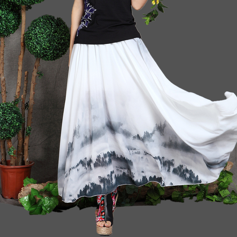2015春夏新款民族風5米大擺 三層水墨印花雪紡裙半身長裙工廠,批發,進口,代購