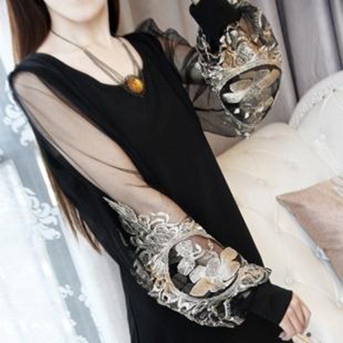 2015春裝新款 韓版甜美網紗刺繡燈籠袖長袖拼接打底連衣裙工廠,批發,進口,代購