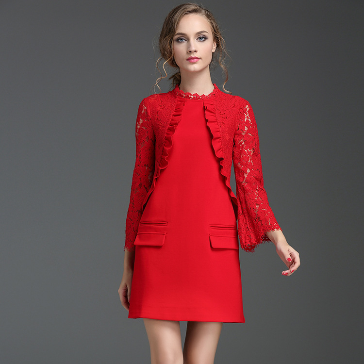 歐美品牌秋季新款紅色羅馬棉拼蕾絲刺繡鏤空假兩件圓領長袖連衣裙批發・進口・工廠・代買・代購
