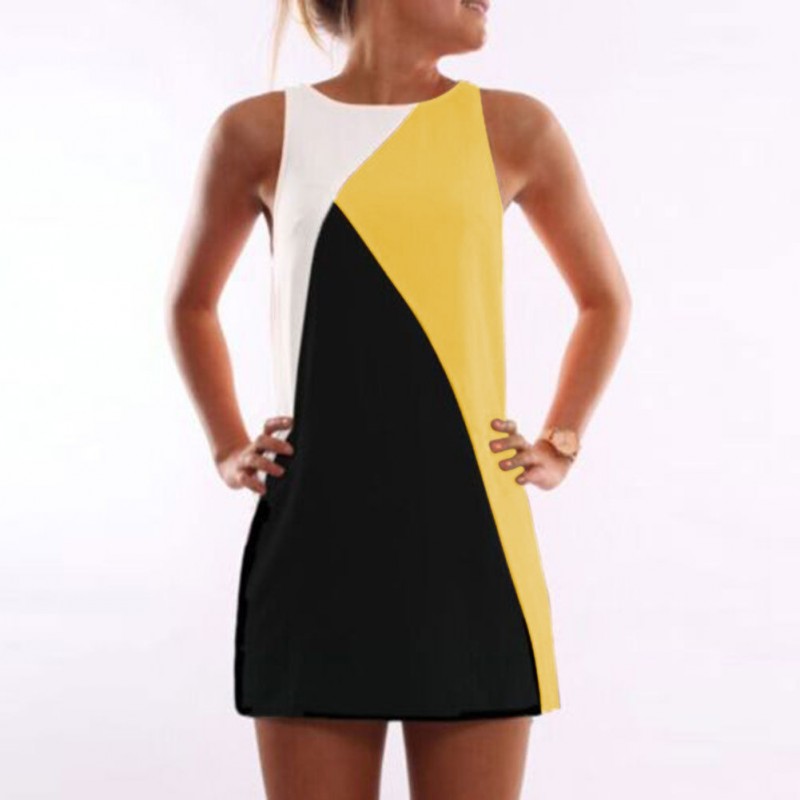 速賣通ebay爆版 歐美時尚撞色幾何3色拼接雪紡雙層連衣裙工廠,批發,進口,代購
