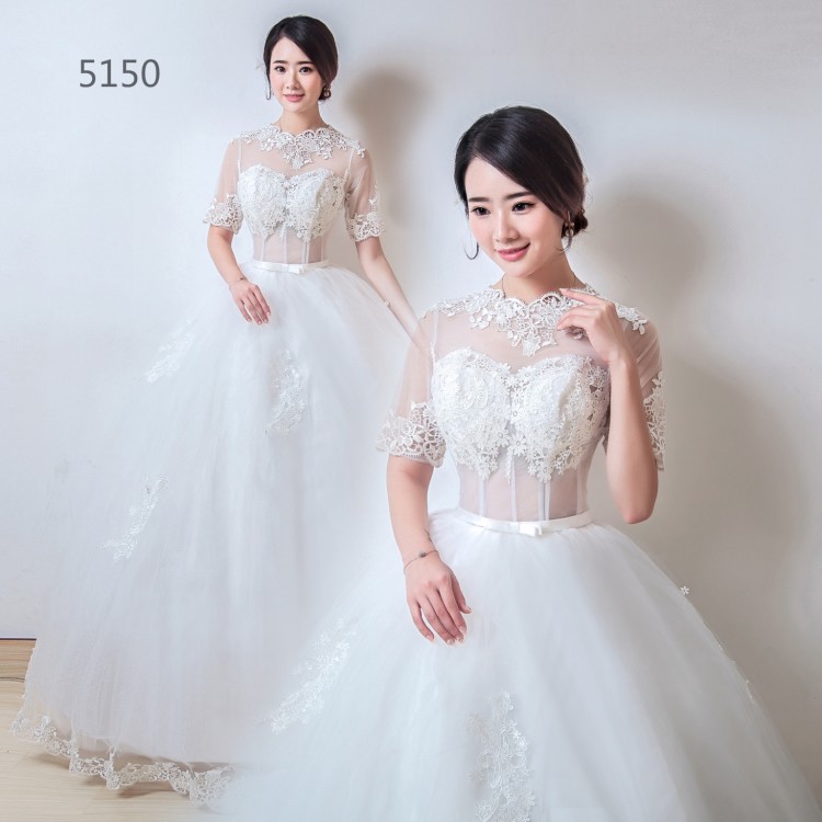 新款新娘結婚婚紗禮服 韓版雙肩中袖蕾絲顯瘦齊地婚紗批發批發・進口・工廠・代買・代購