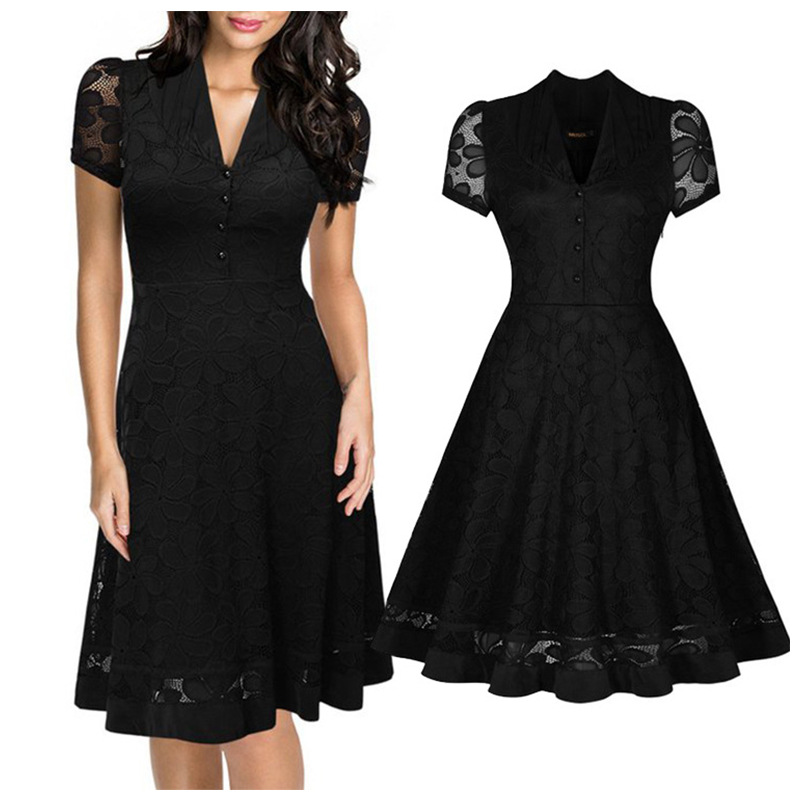 D5572亞馬遜ebay熱銷外貿拼接v領短袖性感氣質蕾絲歐美大擺裙工廠,批發,進口,代購