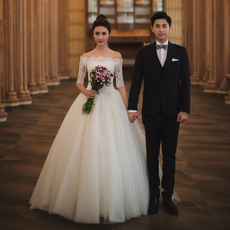2016春夏新款拖尾婚紗禮服韓式新娘結婚一字肩中袖齊地婚紗工廠,批發,進口,代購