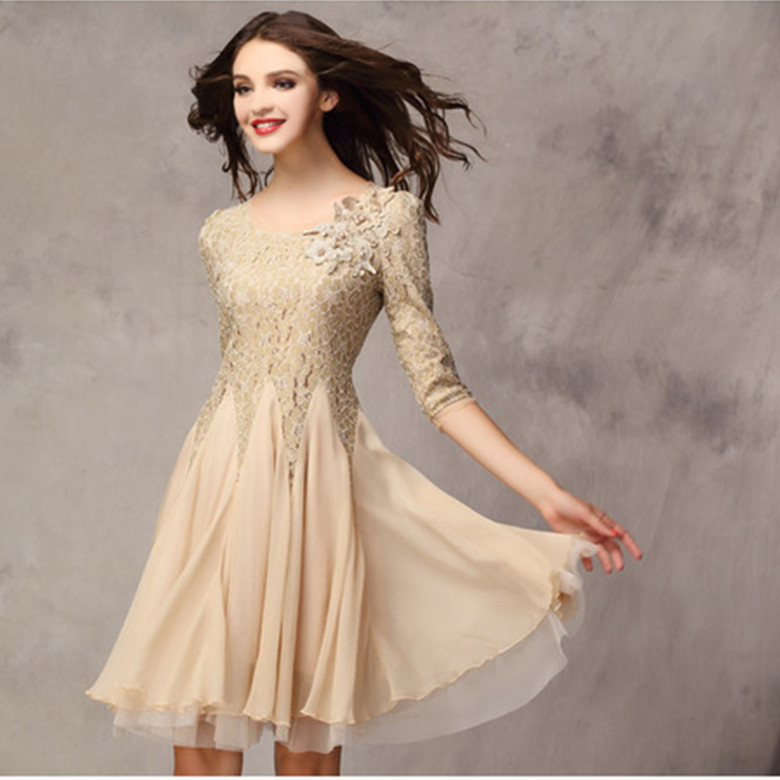 2014春夏裝新款歐美女裝修身蕾絲連衣裙七分袖大擺雪紡裙外貿批發工廠,批發,進口,代購