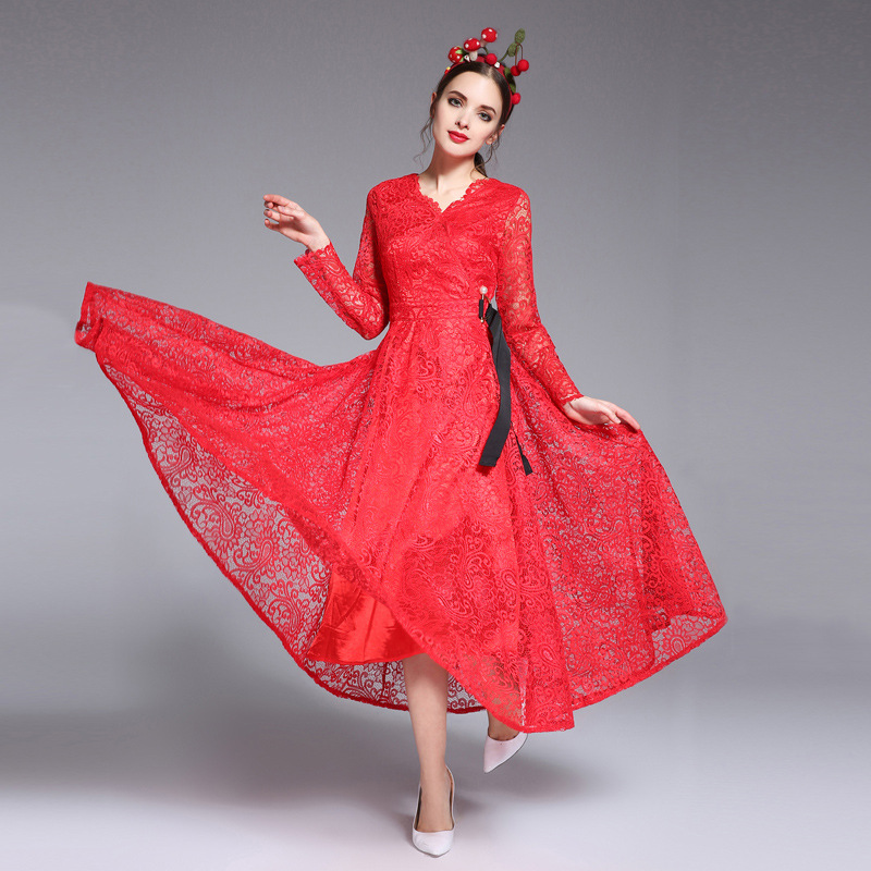 歐洲站2017春季新款歐美大牌紅色連衣裙修身大擺裙V領蕾絲連衣裙工廠,批發,進口,代購