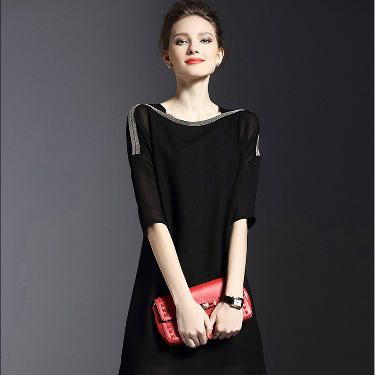 阿裡巴巴一件代連衣裙夏季雪紡連衣裙黑色連衣裙中袖不規則修身裙工廠,批發,進口,代購