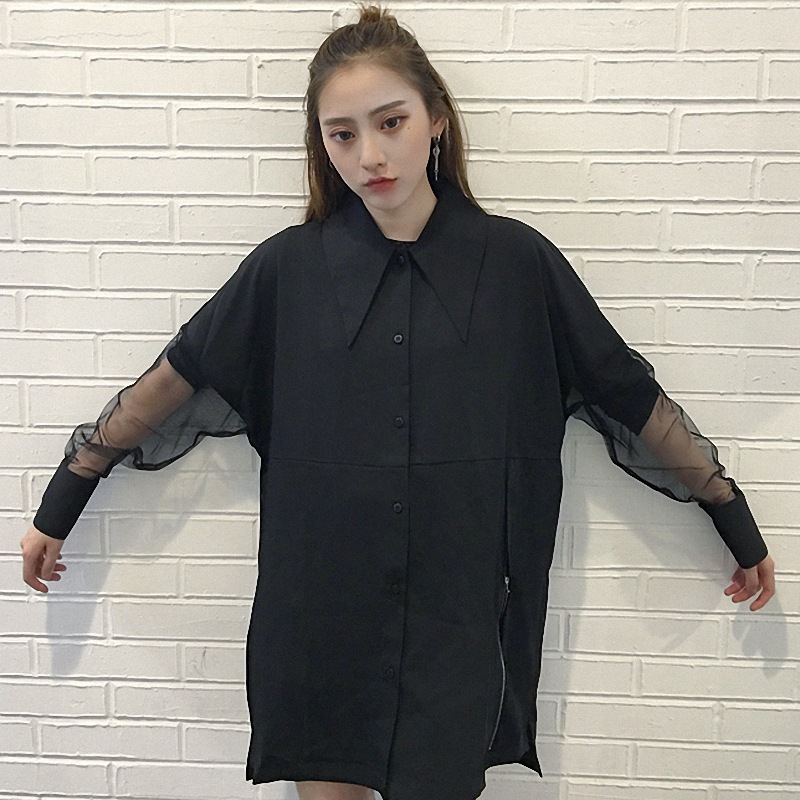 夏季新款韓版透明袖子拼接大翻領側拉鏈長款個性黑色長袖襯衫女潮批發・進口・工廠・代買・代購