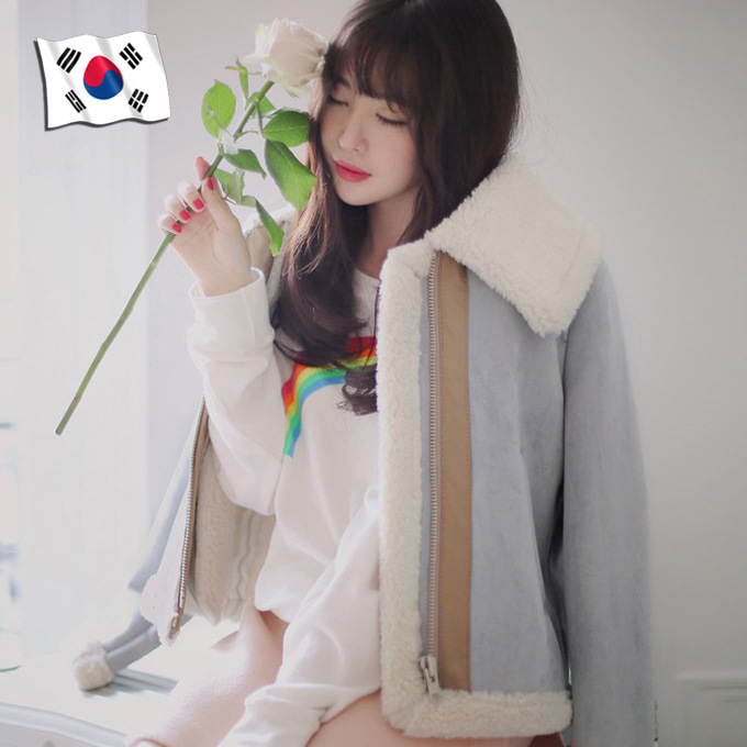 韓國東大門女裝2016冬裝新款羊羔毛女式外套女仿麂絨皮衣機車大衣批發・進口・工廠・代買・代購
