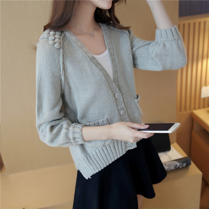 2016春季韓版新款純色短款V領九分袖針織小開衫女式毛衣外套X011批發・進口・工廠・代買・代購