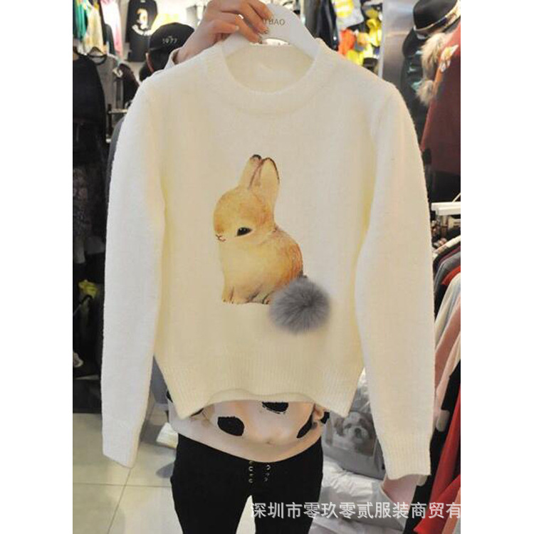 韓國東大門女裝冬季新款卡通兔子毛球圓領長袖寬松百搭針織毛衣女工廠,批發,進口,代購