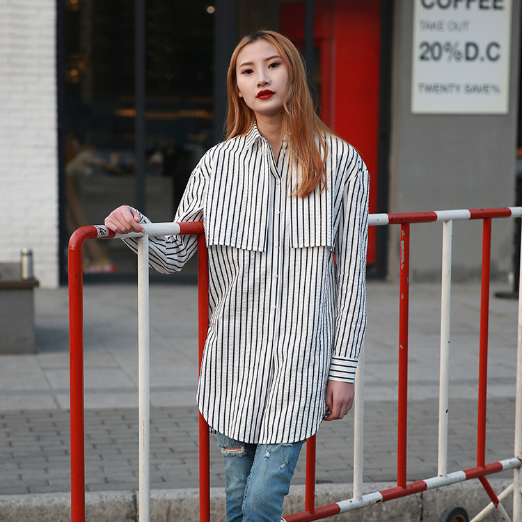 2017春季新款韓版女裝 條紋純棉襯衫女長袖 原創設計一件代發工廠,批發,進口,代購