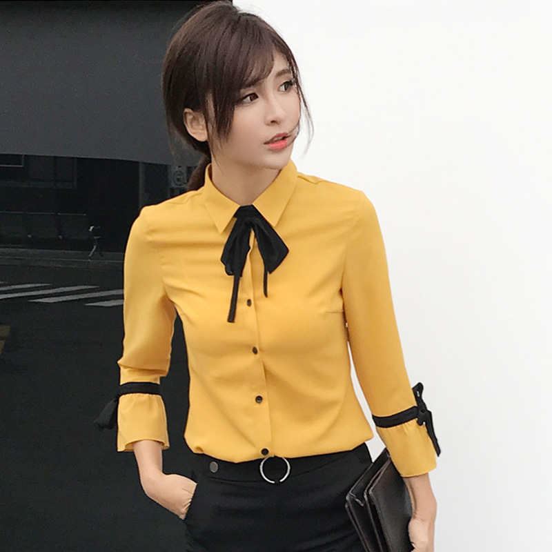 2017春裝韓版女裝系帶喇叭袖黃色修身時尚OL職業襯衫一件代發工廠,批發,進口,代購