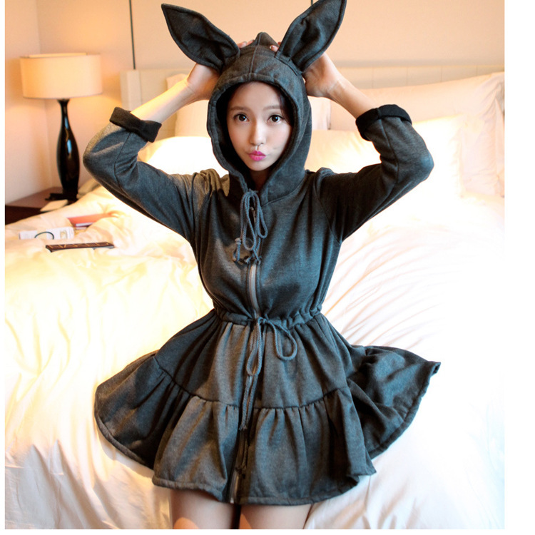 秋冬新款韓國可愛兔耳朵層層褶皺連帽衛衣加厚抓絨蓬蓬連衣裙工廠,批發,進口,代購