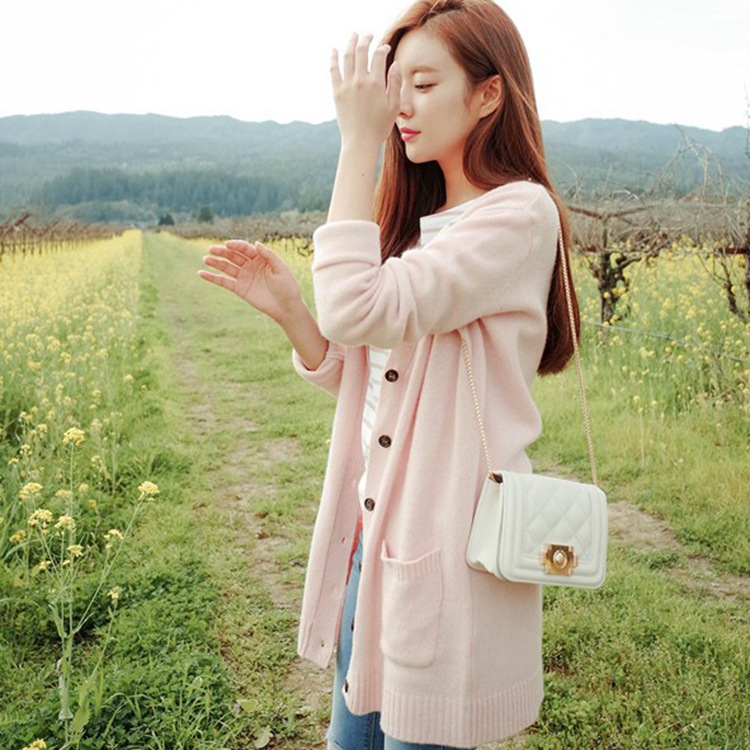 2016韓版女裝秋裝甜美V領寬松針織衫中長款開衫大碼外套女工廠,批發,進口,代購