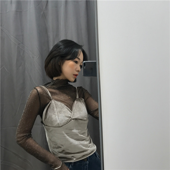 2017春季韓國復古性感撩人絲絨吊帶背心+蕾絲半高領T恤兩件套7600批發・進口・工廠・代買・代購