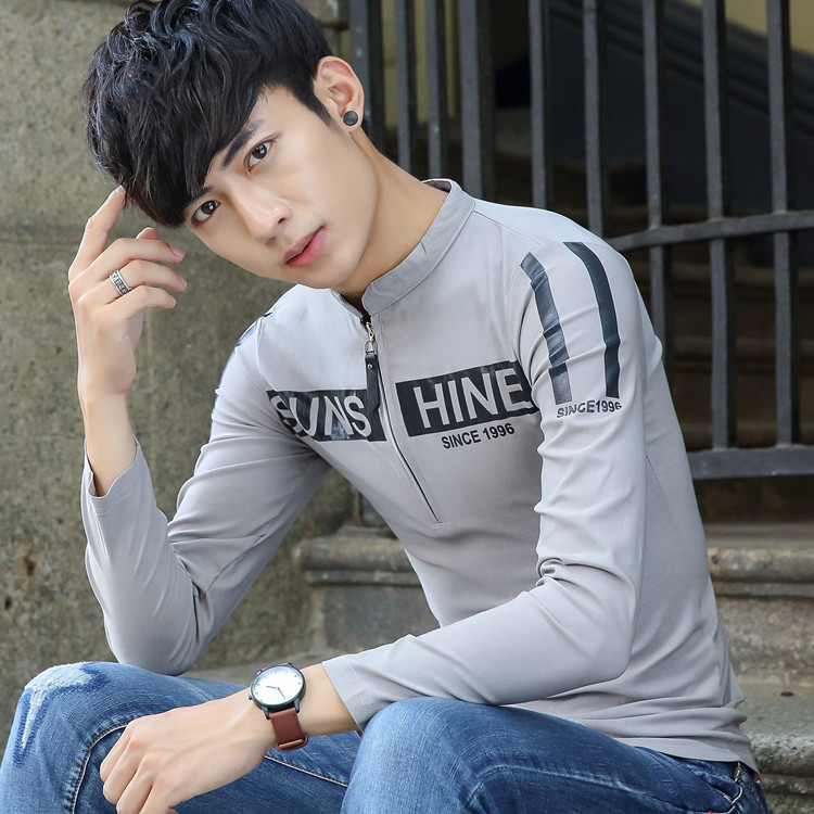 韓版男士修身立領青少年花長袖T恤休閒拉鏈秋季學生潮流衣服男裝批發・進口・工廠・代買・代購