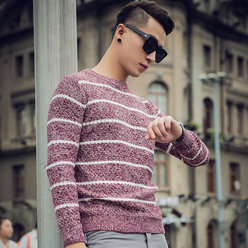 韓版男式菱形拼色圓領毛衣時尚修身男青年針織衫休閒男上衣工廠,批發,進口,代購