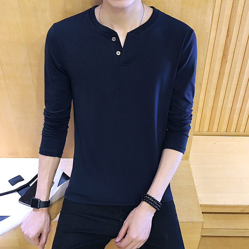 韓版圓領長袖 男裝韓版修身紐扣裝飾T恤 2016新款長袖 時尚經典工廠,批發,進口,代購