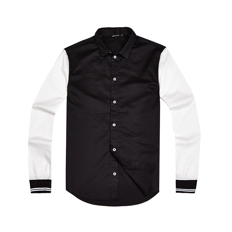 2016年男春裝新款雙層領男士長袖襯衫 黑白撞色修身男襯衫 韓版批發・進口・工廠・代買・代購