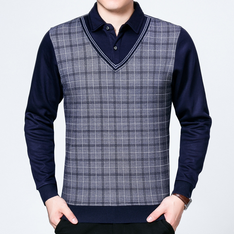 男式長袖t恤冬裝新款2016 中年羊毛加絨加厚翻領假兩件男士T恤衫工廠,批發,進口,代購