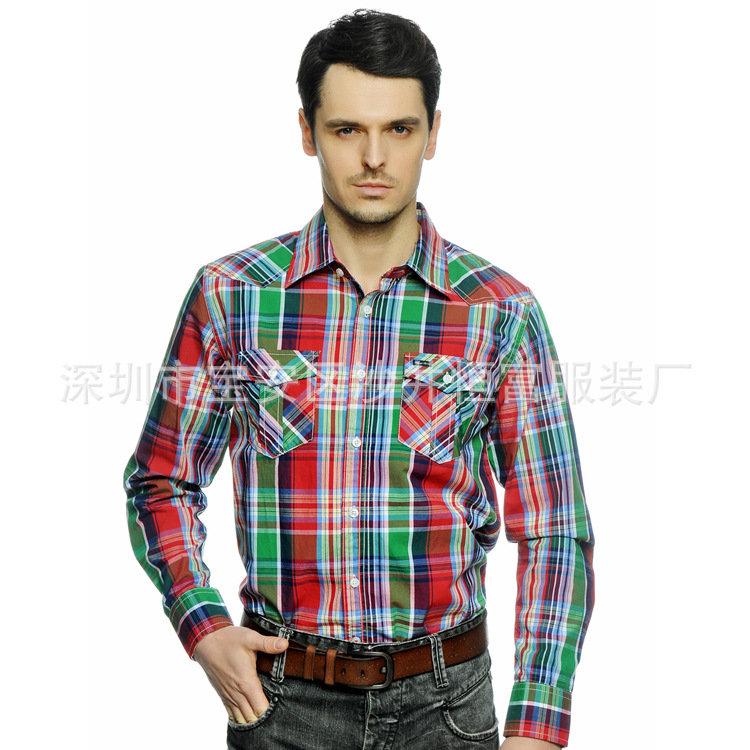 新款外貿長袖男式襯衫  歐美雙代格子休閒男士襯衫 6色4碼工廠,批發,進口,代購