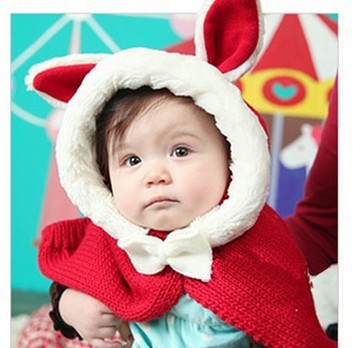 韓版男女寶寶冬天小白兔連身護耳帽子針織毛線帽圍巾連身兒童披肩批發・進口・工廠・代買・代購