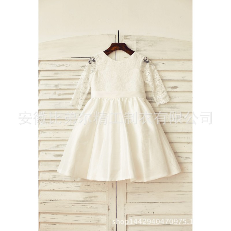 2015新款原創米色蕾絲長袖塔夫綢花童禮服工廠,批發,進口,代購