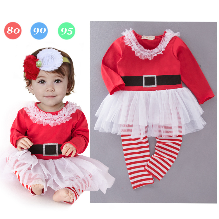 秋冬新款嬰兒童裝 女童長袖紗裙條紋褲兩件套聖誕童套裝工廠,批發,進口,代購