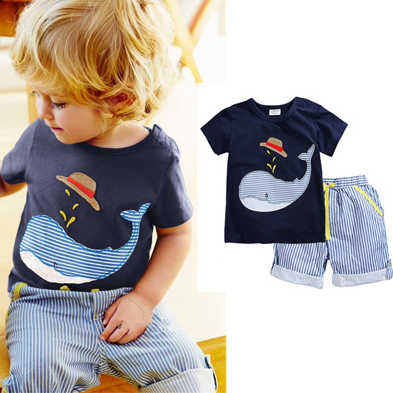 2016夏季新款男童套裝 兒童休閒佈貼鯨魚短袖條紋短褲兩件套批發批發・進口・工廠・代買・代購
