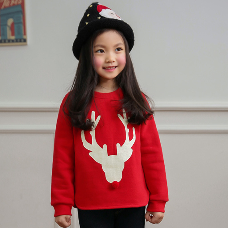 品牌童裝一件代發冬裝女童加絨加厚衛衣聖誕節麋鹿不倒絨保暖T恤工廠,批發,進口,代購