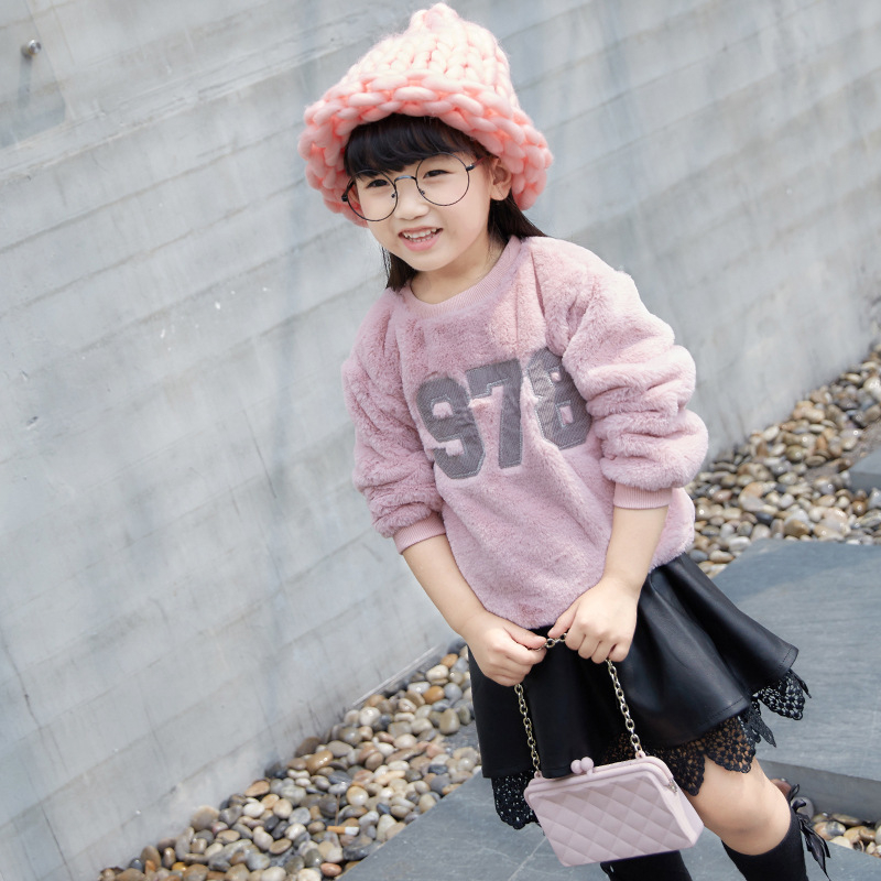 童裝批發冬款韓版女童純色數字寬松上衣雙層加絨衛衣中小童打底衫批發・進口・工廠・代買・代購