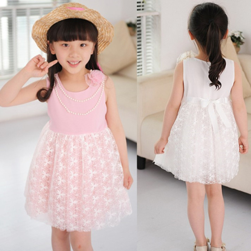 一件代發女童連衣裙新款韓版甜美無袖蕾絲珍珠項鏈小童公主裙工廠,批發,進口,代購