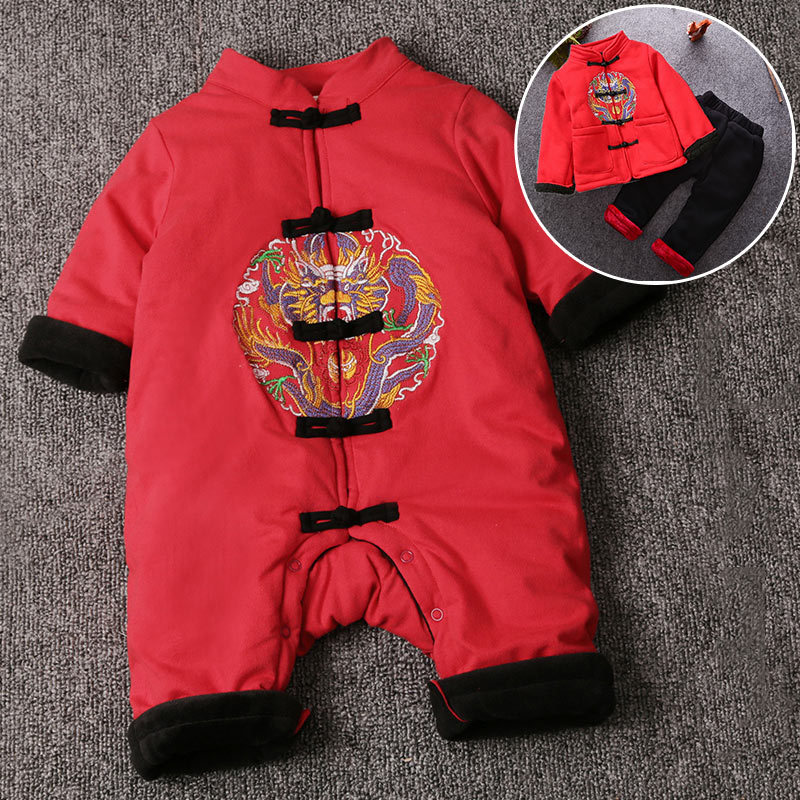 嬰幼兒童冬裝過新年中國風紅色唐裝男女寶寶爬行連身哈衣一件代發批發・進口・工廠・代買・代購