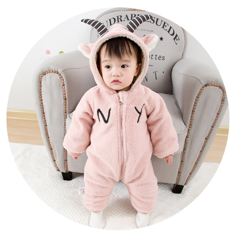 嬰幼童裝一件代發 冬季嬰幼兒寶寶羊角字母連帽加絨連身衣爬服工廠,批發,進口,代購
