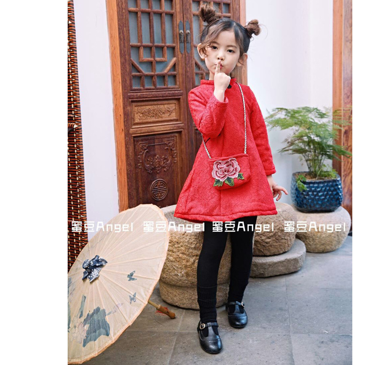 2016年冬裝韓國品牌同款年貨款大紅色送小包包女童加絨長袖連衣裙批發・進口・工廠・代買・代購