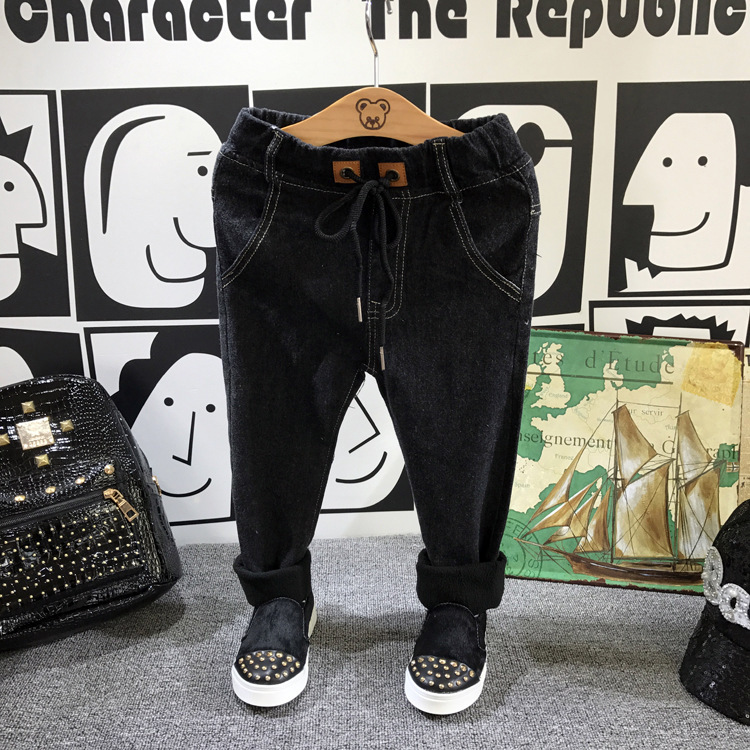 2016冬季新款 男童時髦純色黑色加絨加厚小腳褲子牛仔褲8kf63V工廠,批發,進口,代購