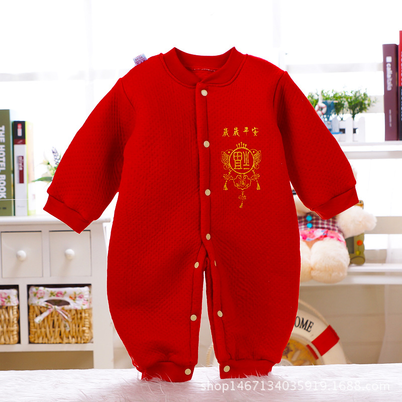 新春嬰兒服裝 大紅滿月服 嬰兒連身衣哈衣寶寶夾棉開襠爬服廠傢工廠,批發,進口,代購