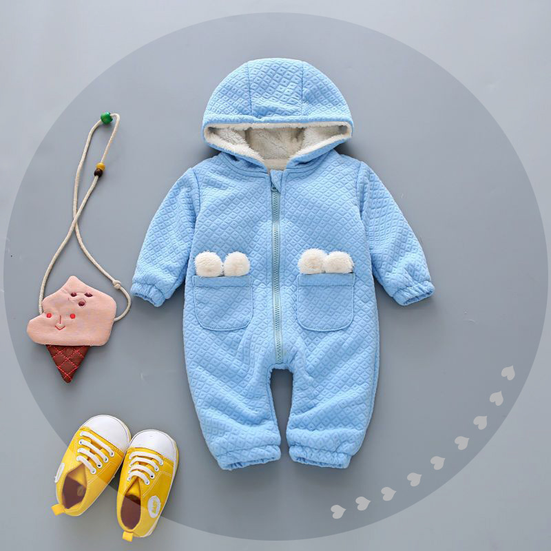 嬰兒服裝 冬款藍色連帽寶寶加絨加厚爬服連身衣 新生兒哈衣工廠,批發,進口,代購
