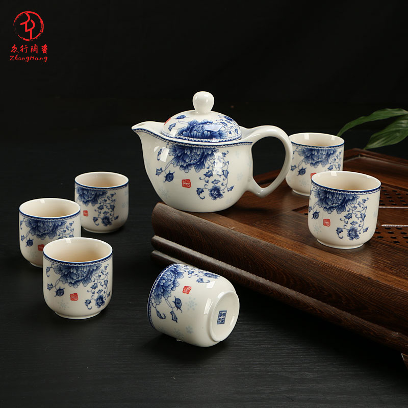 廠傢直銷陶瓷茶具套裝特價7頭平口杯青花瓷禮品高檔茶杯茶壺工廠,批發,進口,代購