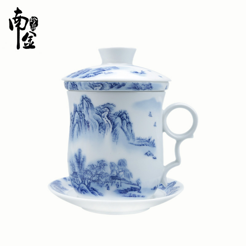 景德鎮青花瓷茶具茶杯帶蓋過濾水杯四件套茶具泡茶器辦公會議個人工廠,批發,進口,代購