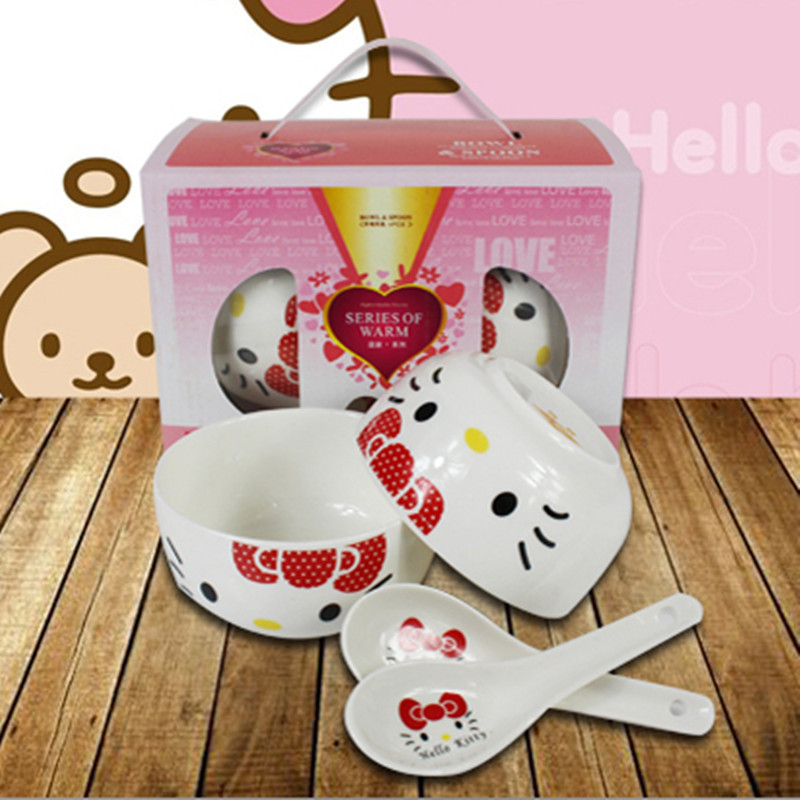 批發卡通碗勺套裝兒童生日滿月禮品碗陶瓷餐具禮盒裝Hellokitty貓批發・進口・工廠・代買・代購