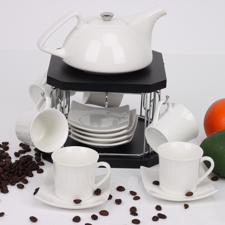 簡約新款白色陶瓷咖啡具套裝配竹木托咖啡壺套水具套裝可加印logo批發・進口・工廠・代買・代購