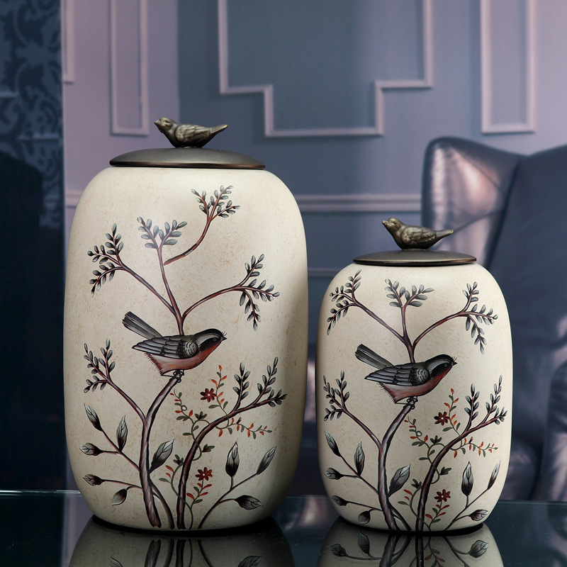 中式歐式彩繪花鳥陶瓷器儲物罐密封罐 客廳傢居軟裝飾品花瓶擺件批發・進口・工廠・代買・代購