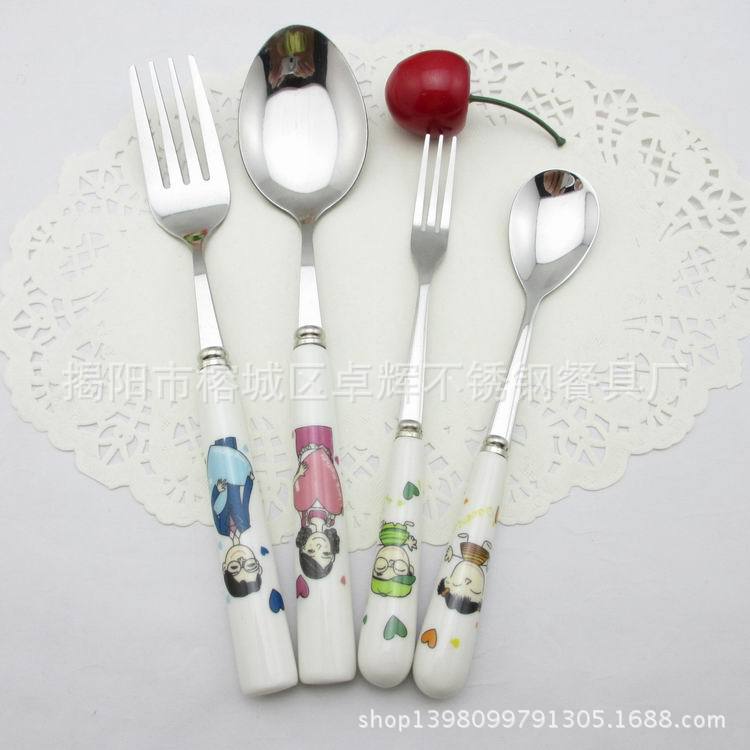 韓式優質陶瓷柄勺子 大圓勺 卡通柄中號圓勺 一傢4口餐勺工廠,批發,進口,代購