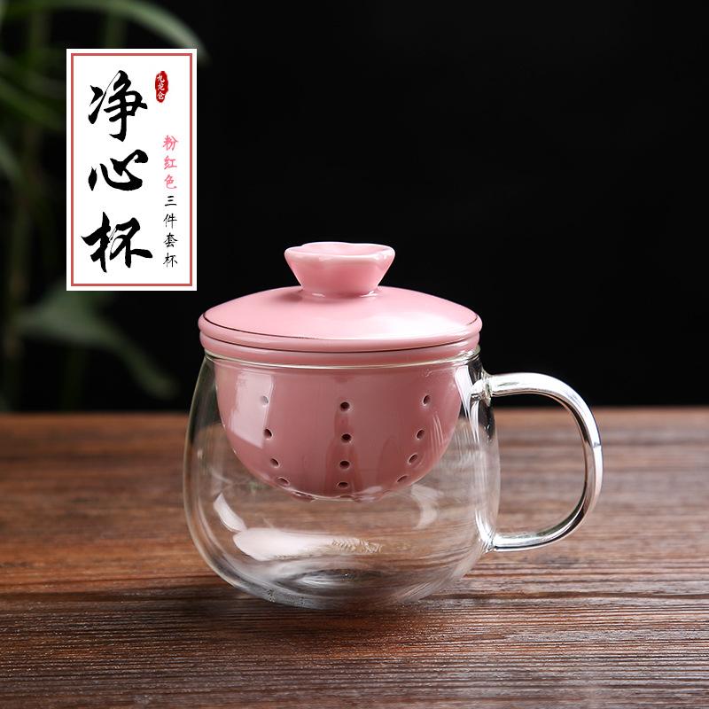 DH傢用茶杯過濾泡茶杯陶瓷套裝 透明水杯 耐熱玻璃帶蓋花茶茶杯子批發・進口・工廠・代買・代購