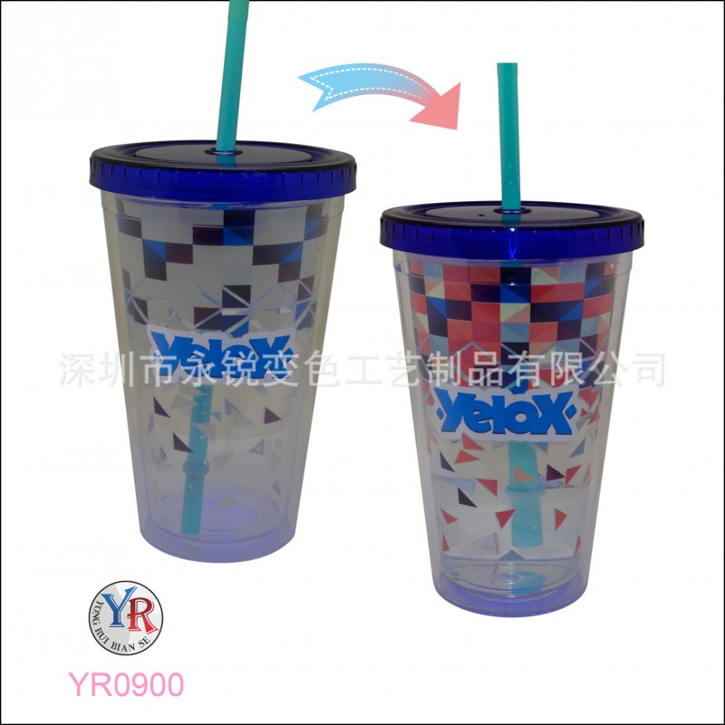 雙層塑膠變色杯 變色塑膠吸管杯 加冰水定製冷變色杯 傢居品批發・進口・工廠・代買・代購