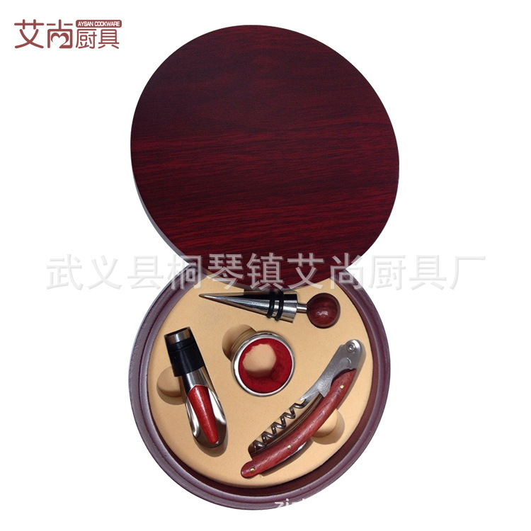 紅酒開瓶器套裝 圓盒紅木酒具4件套禮品套裝 可定製logo工廠,批發,進口,代購